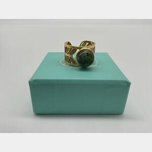 Bloom Gold Tone Leaf Statement Ring Green Stone Adjustable Botanical Boho